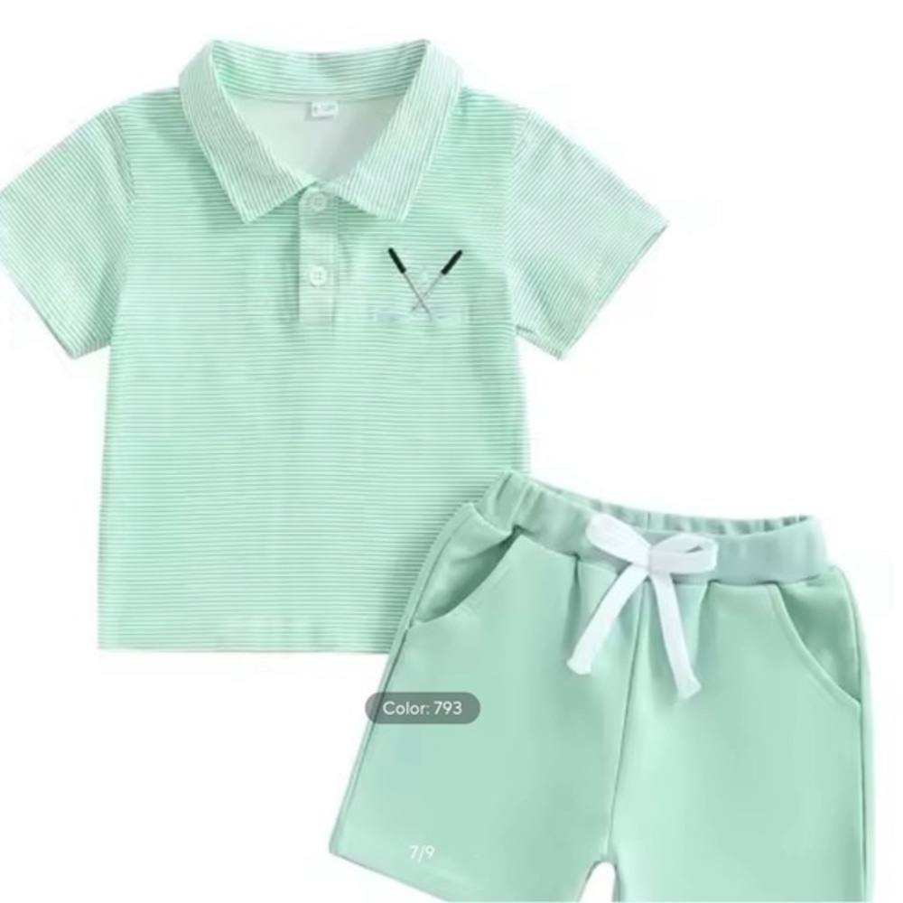 New Green Polo Shirt with Embroidered Accent, matching shorts  2-3T